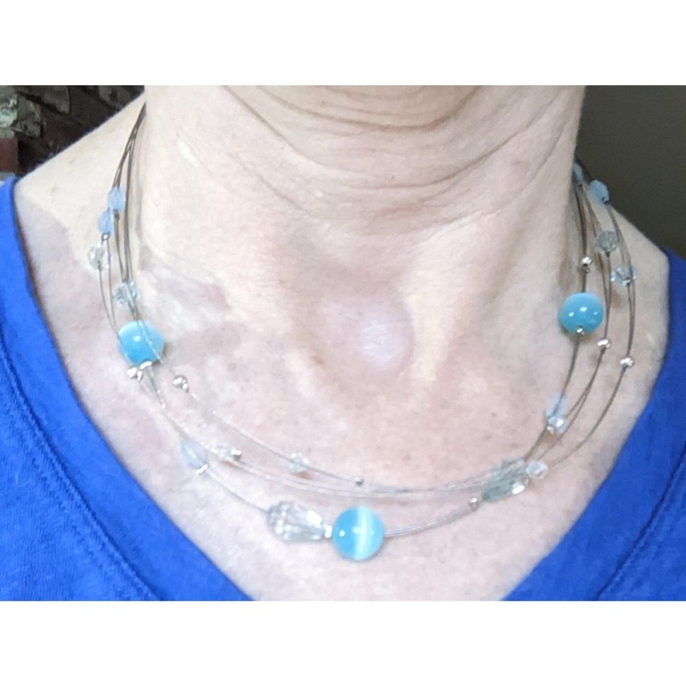 Multi-Strand Filament Wire Necklace Choker with Light Blue Spacer Beads 16"